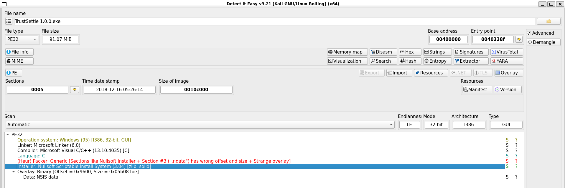 Detect It Easy identifies the file as an NSIS installer